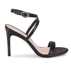 Stuart Weitzman Black Glitter Ankle Strap Heel Sandals